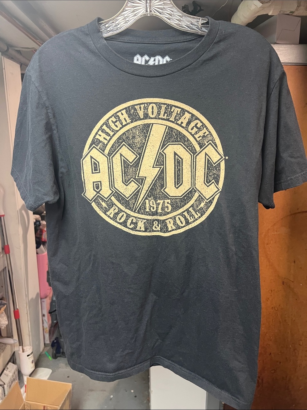 AC/DC Black Tee with Gold High Voltage Emblem